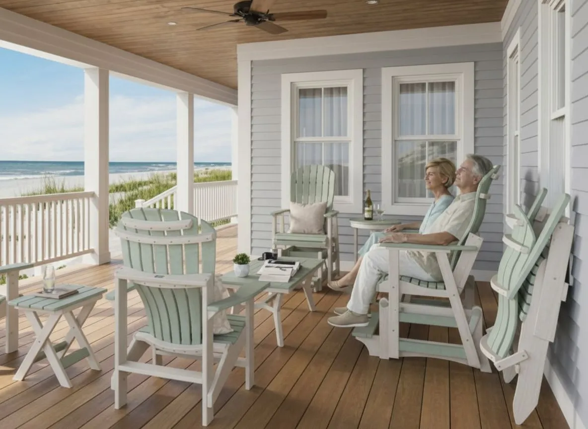 Couple relaxing in Berlin Gardens glider chairs on a coastal porch