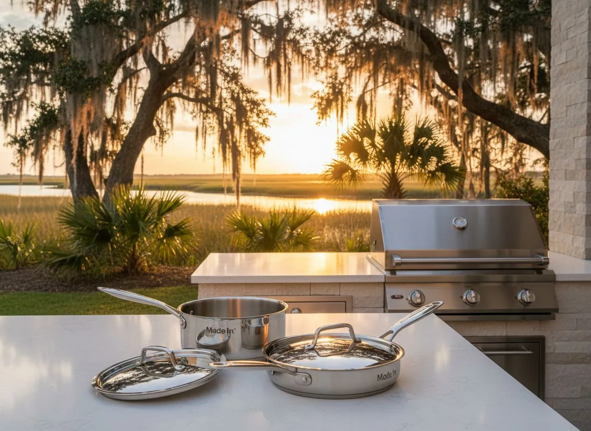 Made In stainless steel cookware set on a white quartz outdoor kitchen counter with marsh views