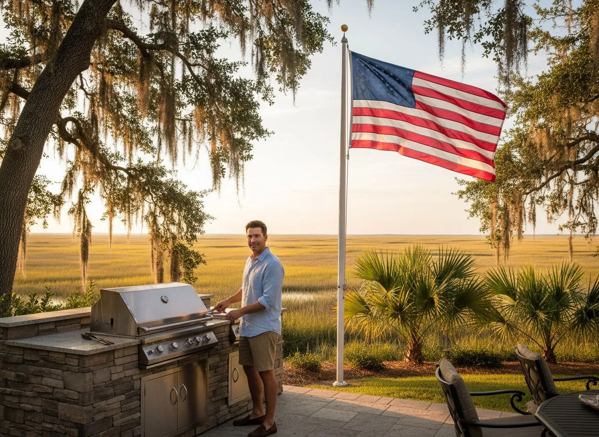 American flag beside a premium outdoor kitchen with marsh views at golden hour