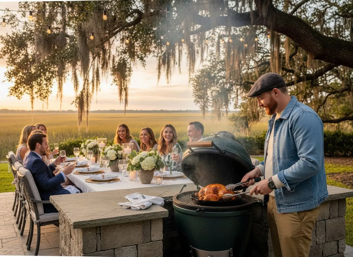 Outdoor dinner party with Big Green Egg under live oaks