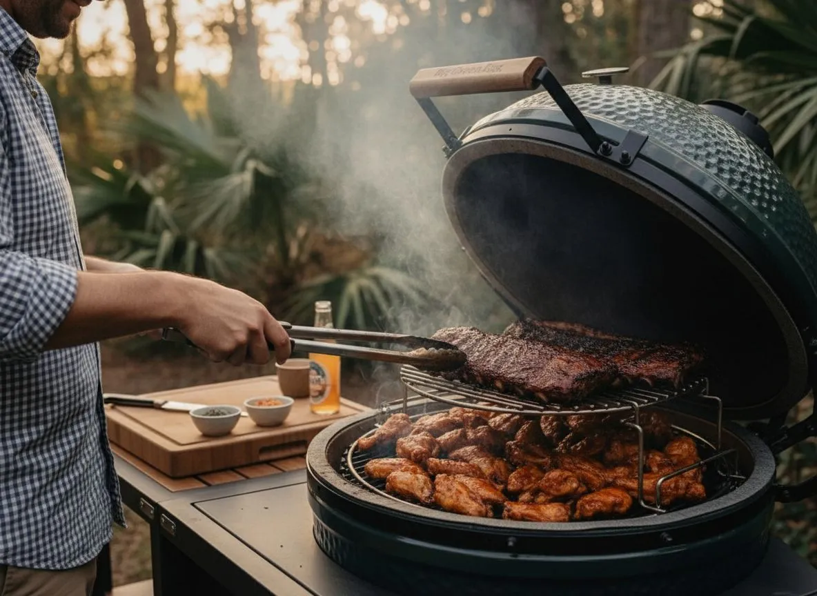 Smoking ribs on a Big Green Egg in a Lowcountry backyard