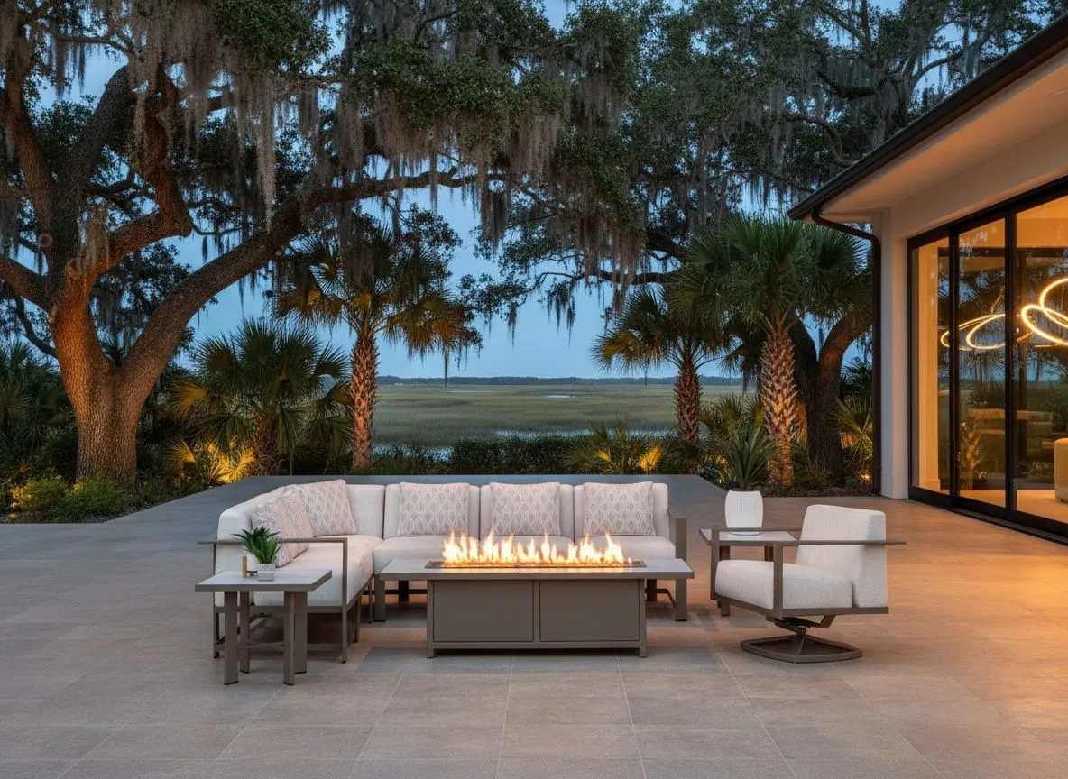 O.W. Lee sectional sofa and fire table on a Lowcountry terrace at twilight