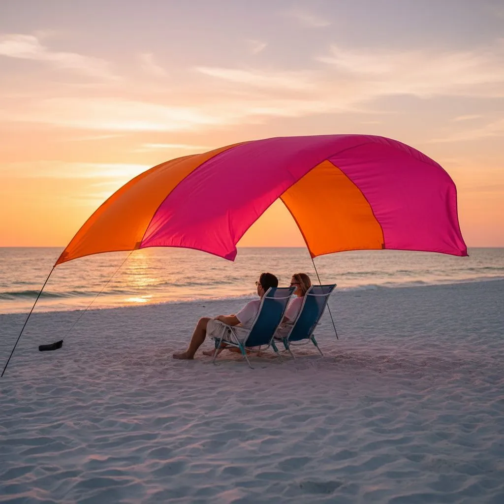 Couple watching the sunset under a Shibumi Shade in Sunset colorway on a Hilton Head beach