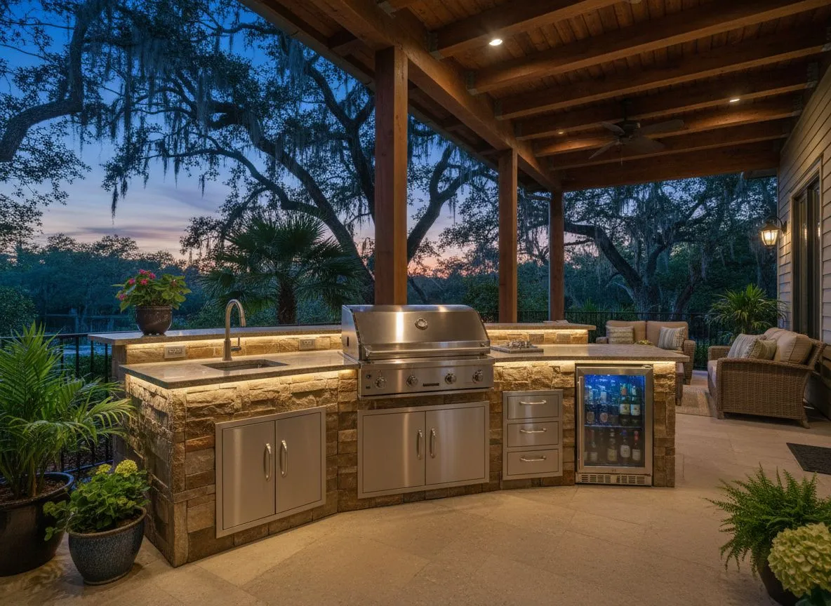 Complete Delta Heat outdoor kitchen with built-in grill and stainless components at twilight
