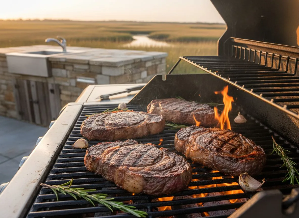 Ribeye steaks searing on a Delta Heat grill with perfect grill marks