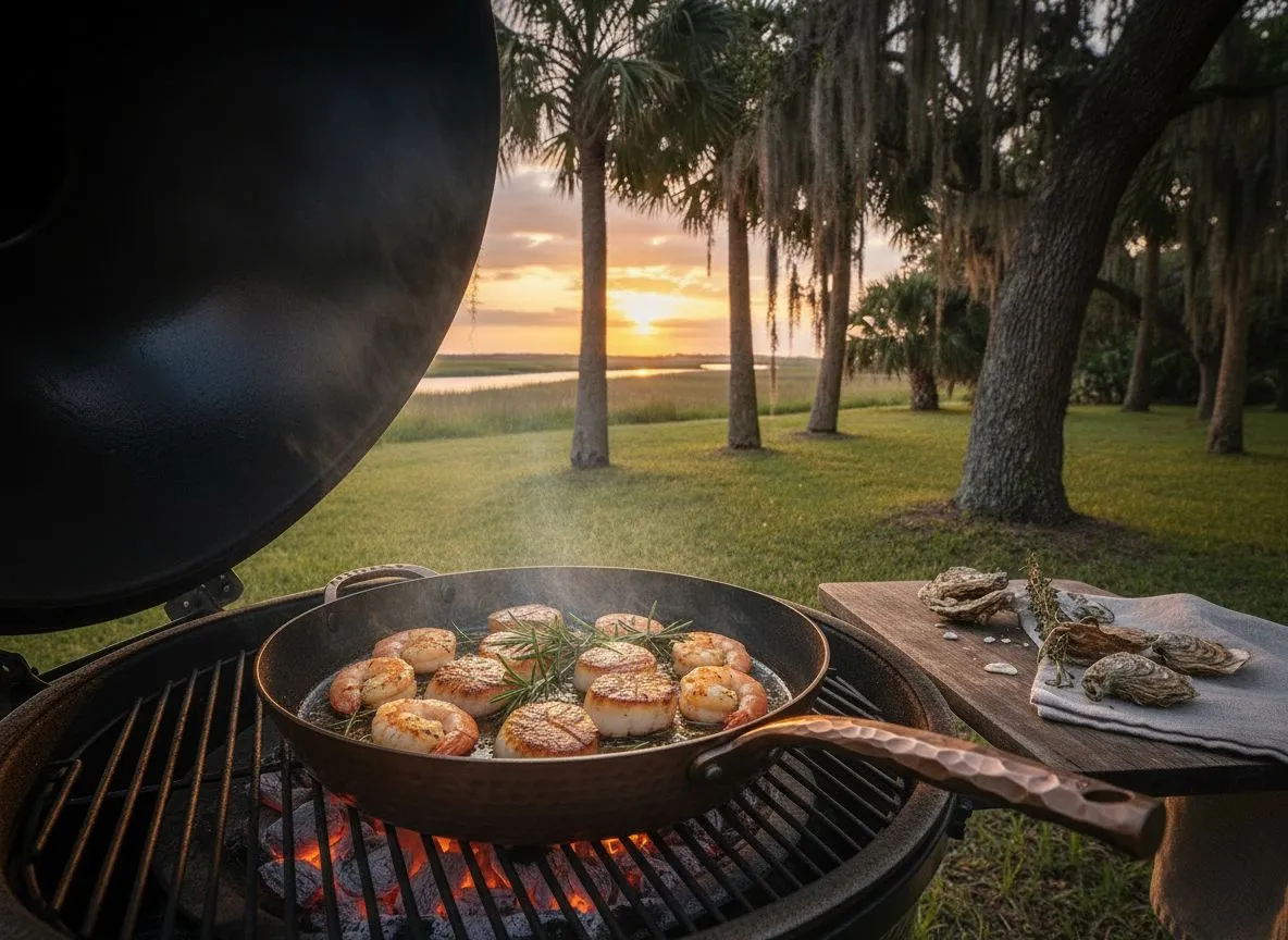 Smithey Deep Farmhouse Skillet with seared scallops and shrimp on a kamado grill at sunset with Lowcountry marsh and palm trees in the background