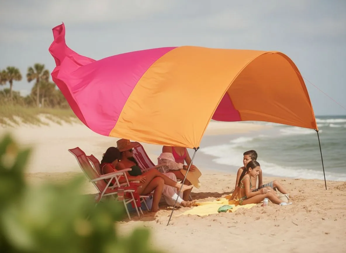 Family under a Shibumi Sunset shade on a Lowcountry Hilton Head beach