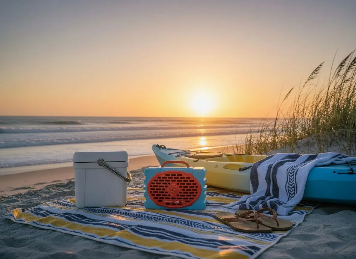 Turtlebox Ranger speaker on a beach blanket with kayak at sunset on Hilton Head Island