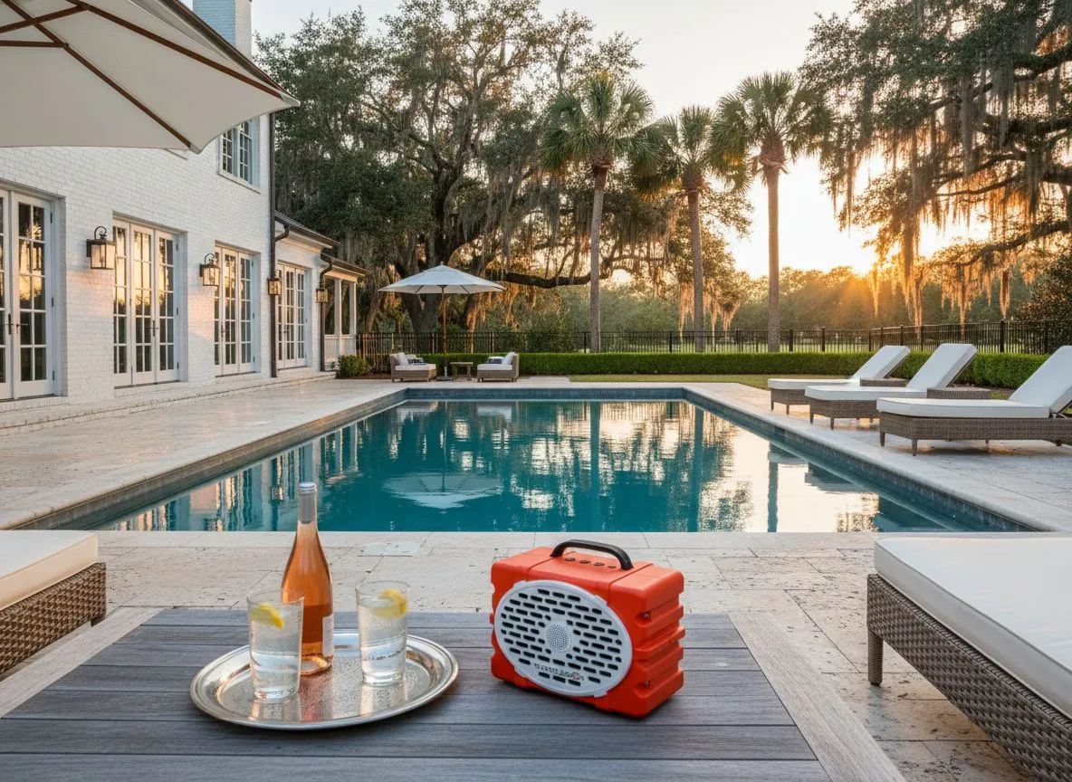 Turtlebox orange speaker poolside at a luxury Lowcountry home