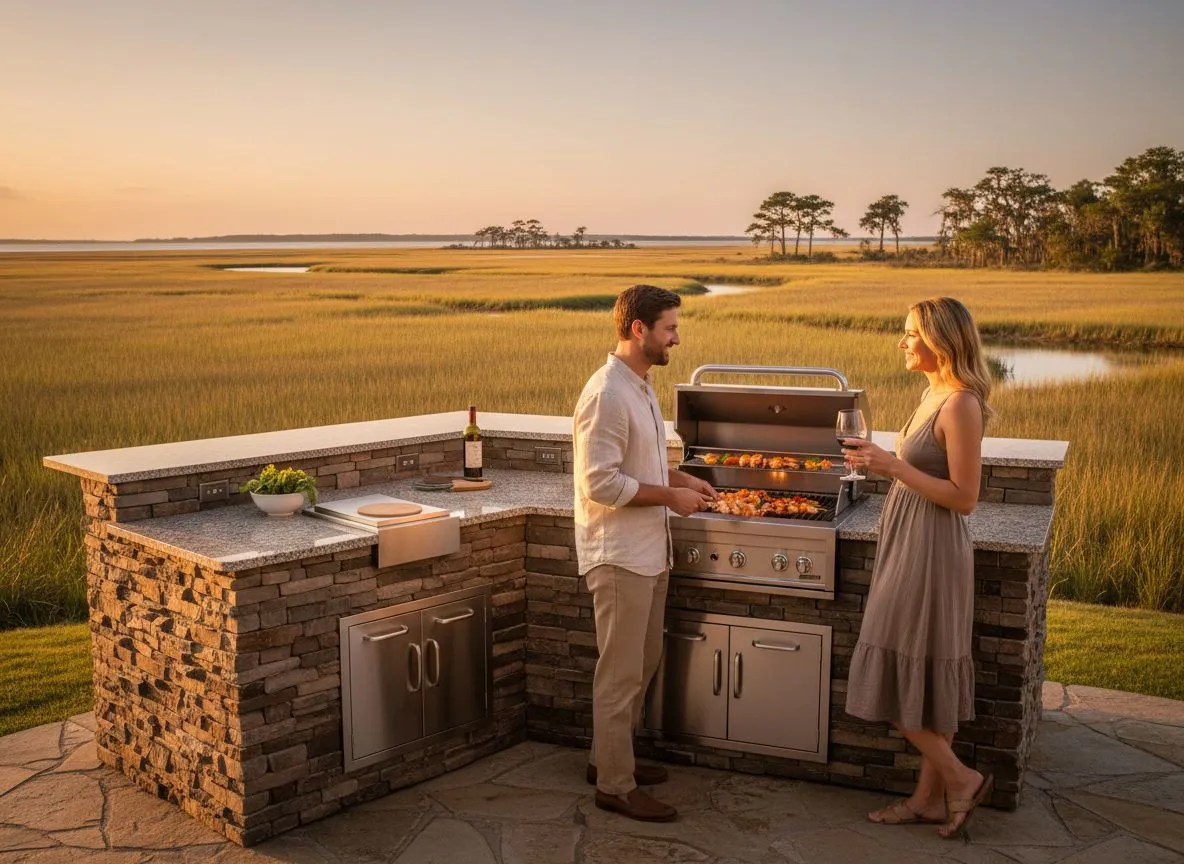 Delta Heat built-in grill in a custom outdoor kitchen overlooking a Lowcountry marsh at golden hour