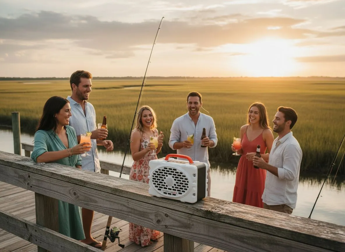 Friends gathered on a Lowcountry dock at sunset with a Turtlebox speaker