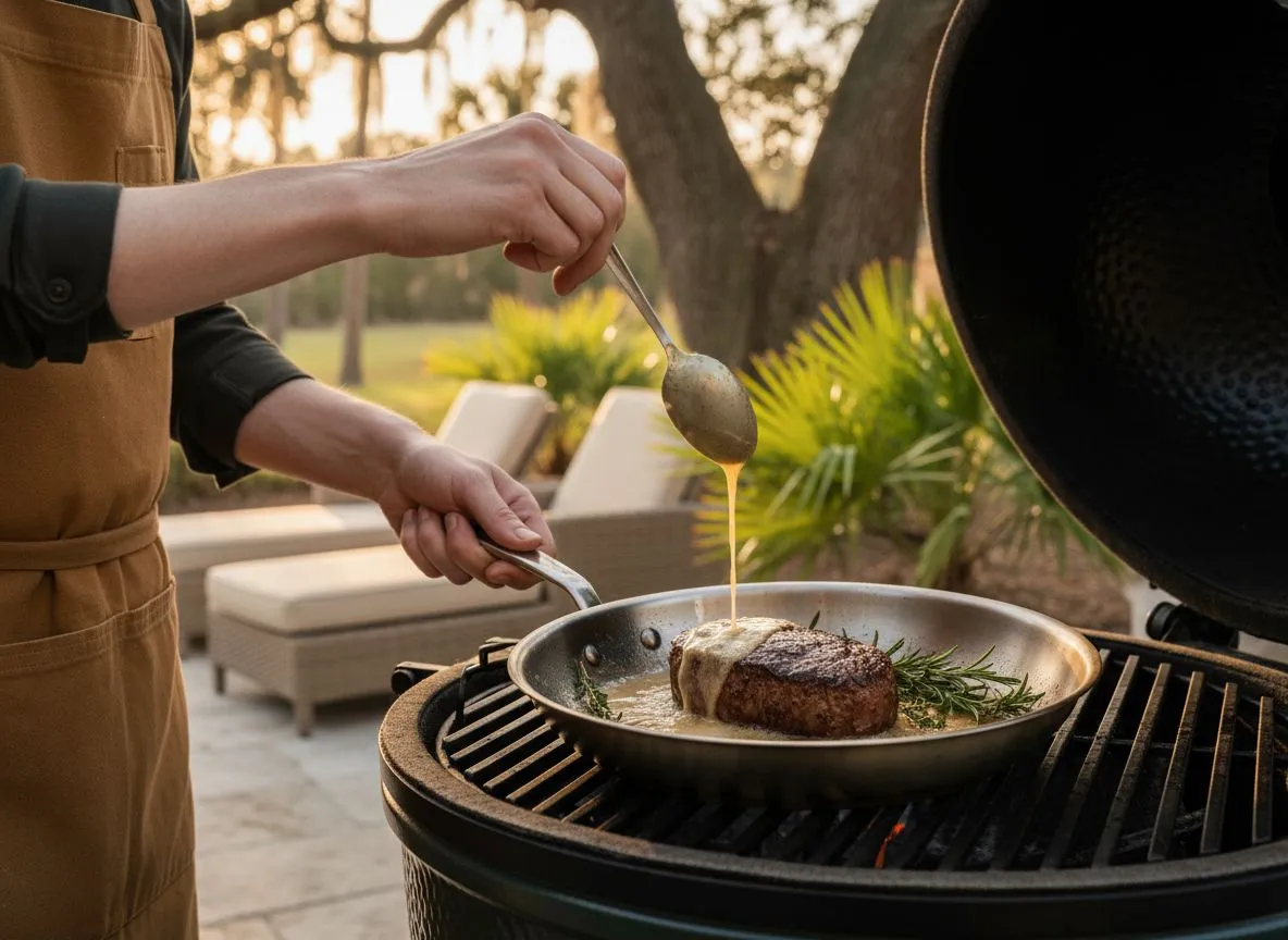 Man butter-basting a filet mignon in a Made In skillet on a Big Green Egg with Lowcountry patio in background