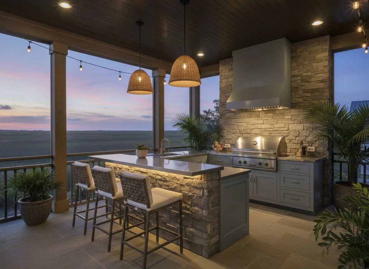 Challenger Coastal kitchen island integrated into a covered Lowcountry patio