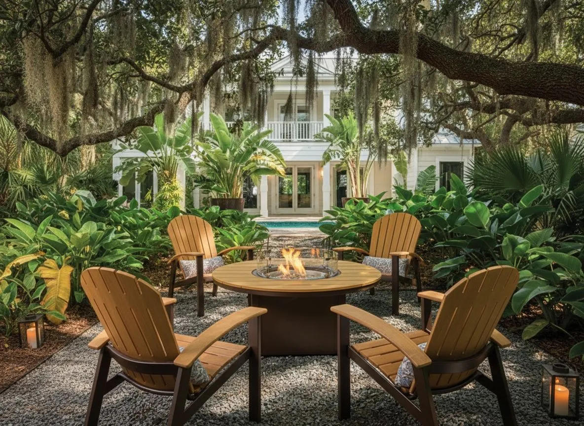 Telescope Casual Adirondack chairs around a fire table in a Lowcountry garden