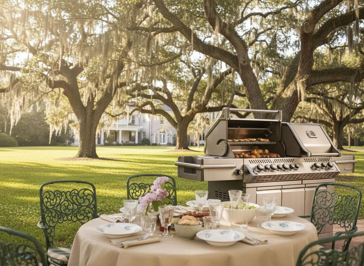 Napoleon grill beside an elegantly set outdoor dining table under live oaks
