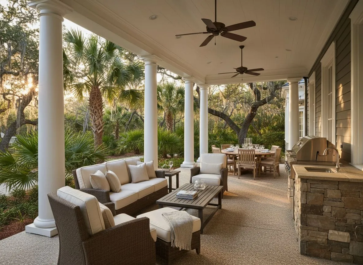 Lowcountry patio featuring premium outdoor furniture and a Napoleon grill