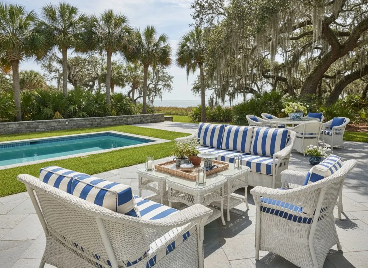Lloyd Flanders white wicker seating with navy stripe cushions by a Hilton Head pool