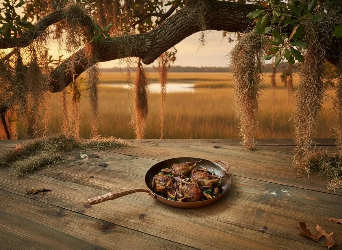 Smithey deep farmhouse skillet with roasted quail and figs on a rustic dock overlooking a Lowcountry salt marsh at sunset