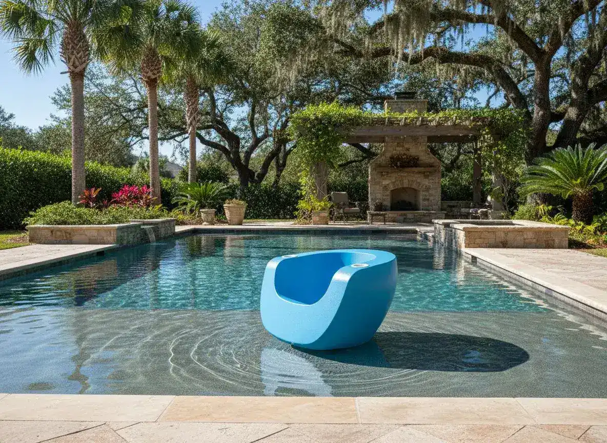 Light Blue Tenjam Moon Chair on a Hilton Head Island pool tanning ledge with tropical landscaping
