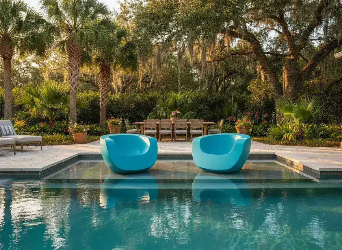 Two Surf Blue Tenjam Moon Chairs on a Hilton Head Island pool tanning ledge with live oaks and outdoor dining