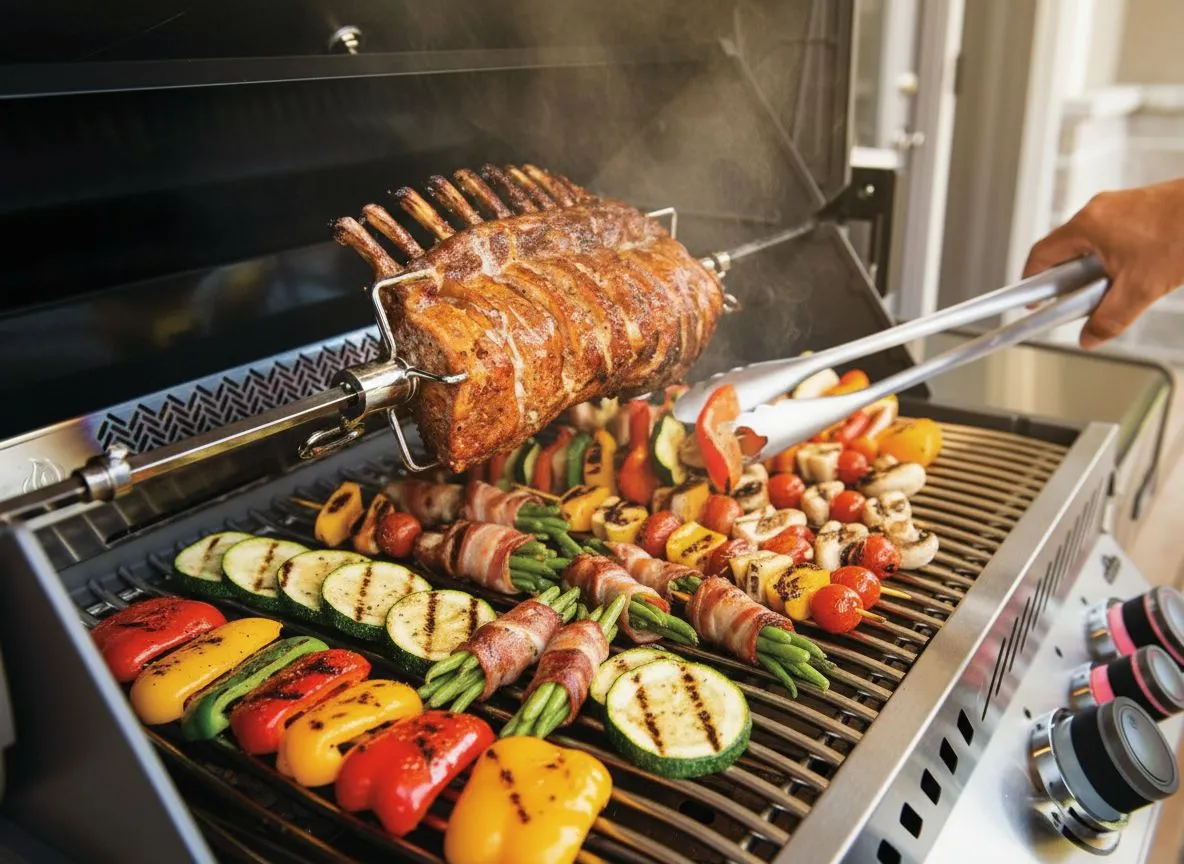 Rack of ribs on Napoleon rotisserie spit with asparagus and vegetables on the grill