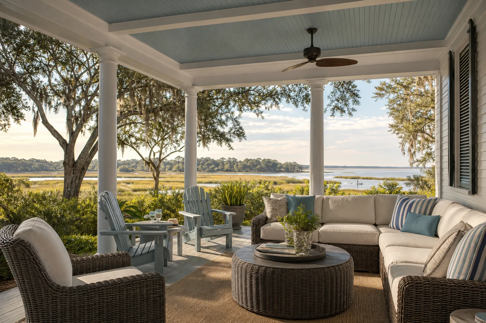 All-weather wicker and poly lumber outdoor furniture on a marsh-front porch in Beaufort County, South Carolina