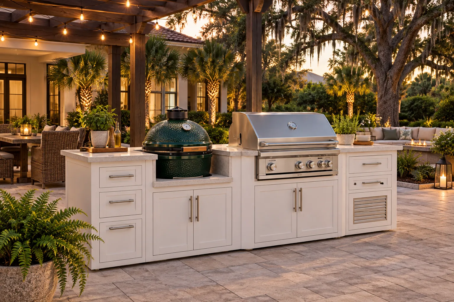 Challenger outdoor kitchen island with a built-in grill and Big Green Egg on a Bluffton SC patio