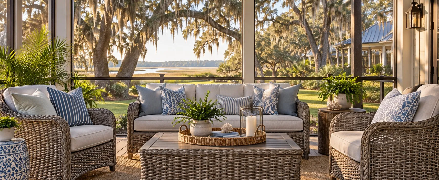 Screened back porch in Bluffton, South Carolina with hand-woven wicker sofa and lounge chairs, blue-and-white pillows, and live oaks draped in Spanish moss beyond