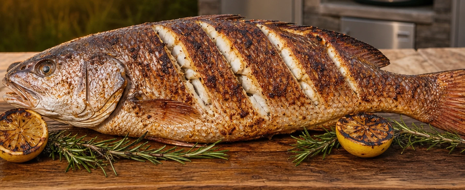 Whole grilled red drum with diagonal scores, rosemary and charred lemon on a wooden board beside a kamado grill in an outdoor kitchen at sunset