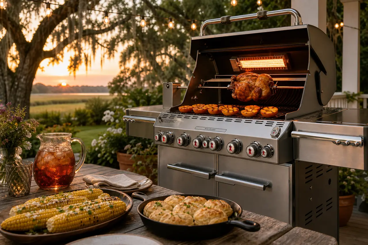 Sunday Supper on the Summit: Rotisserie Chicken with Grilled Peaches & Lowcountry Sides